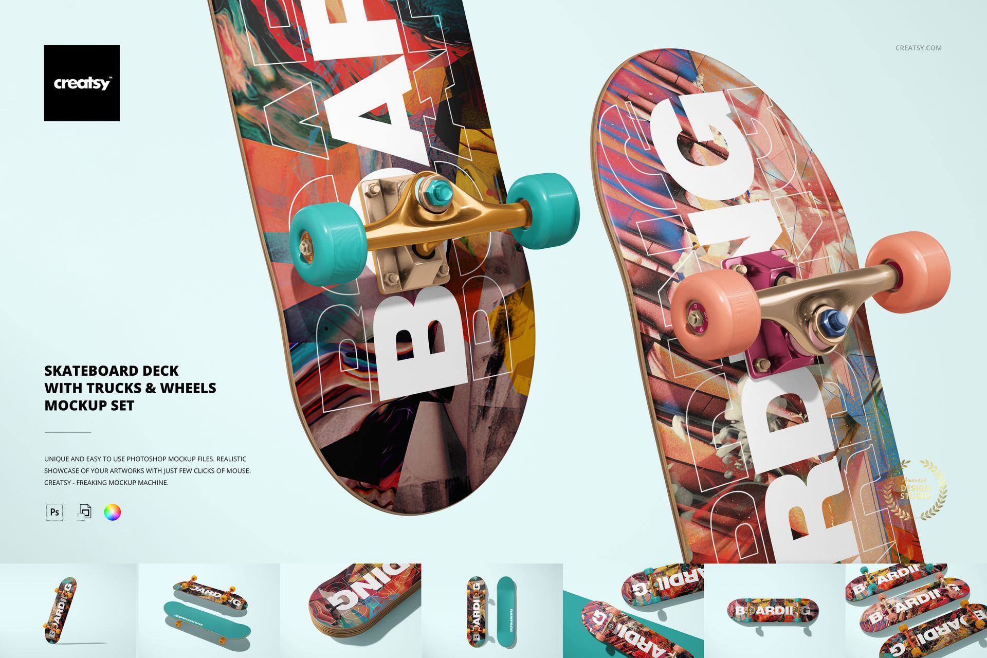 Skateboard deck mockup set featuring vibrant artwork, hardware close-ups, and multiple board perspectives on a pale backdrop.