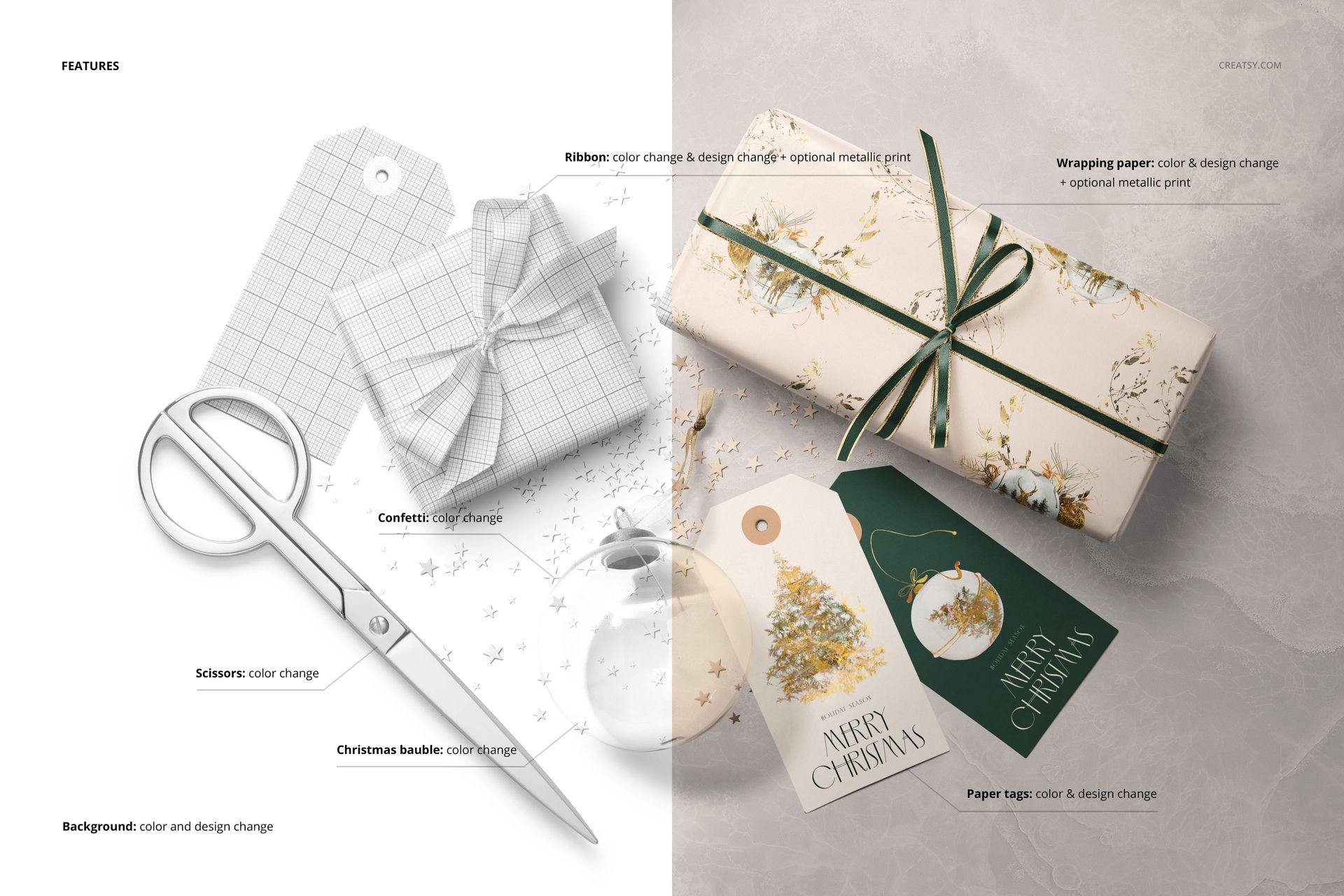 Christmas wrapped gifts mockup featuring two presents, customizable tags, silver scissors, and a transparent bauble surrounded by sparkling star confetti.