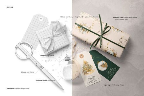 Christmas wrapped gifts mockup featuring two presents, customizable tags, silver scissors, and a transparent bauble surrounded by sparkling star confetti.
