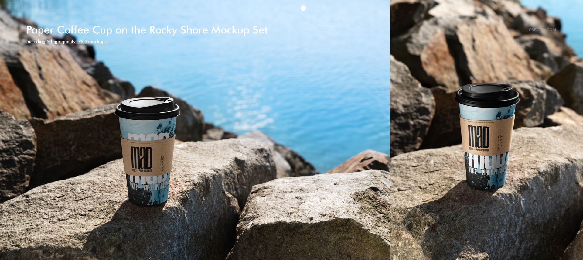 Single paper cup mockup with dark lid and kraft sleeve, positioned on rocky shore near calm blue water, daylight scene.