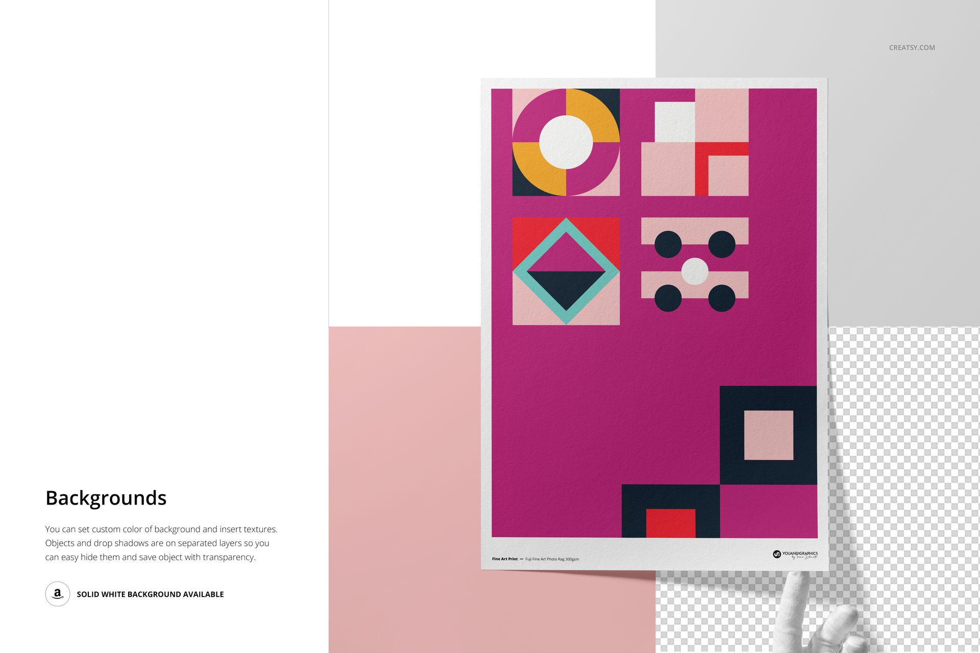 A3 fine art print mockup with geometric abstract design in pink, white, and black, shown from front view.