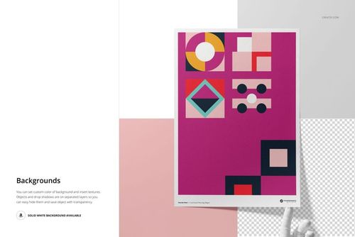 A3 fine art print mockup with geometric abstract design in pink, white, and black, shown from front view.