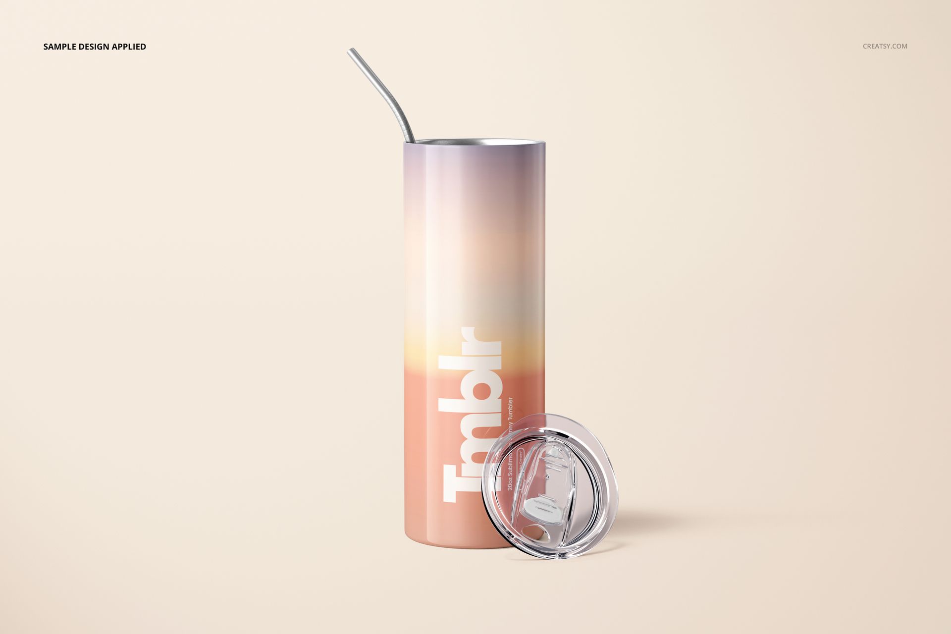 Skinny tumbler with straw and lid on a light background, featuring a pastel gradient design and white text.