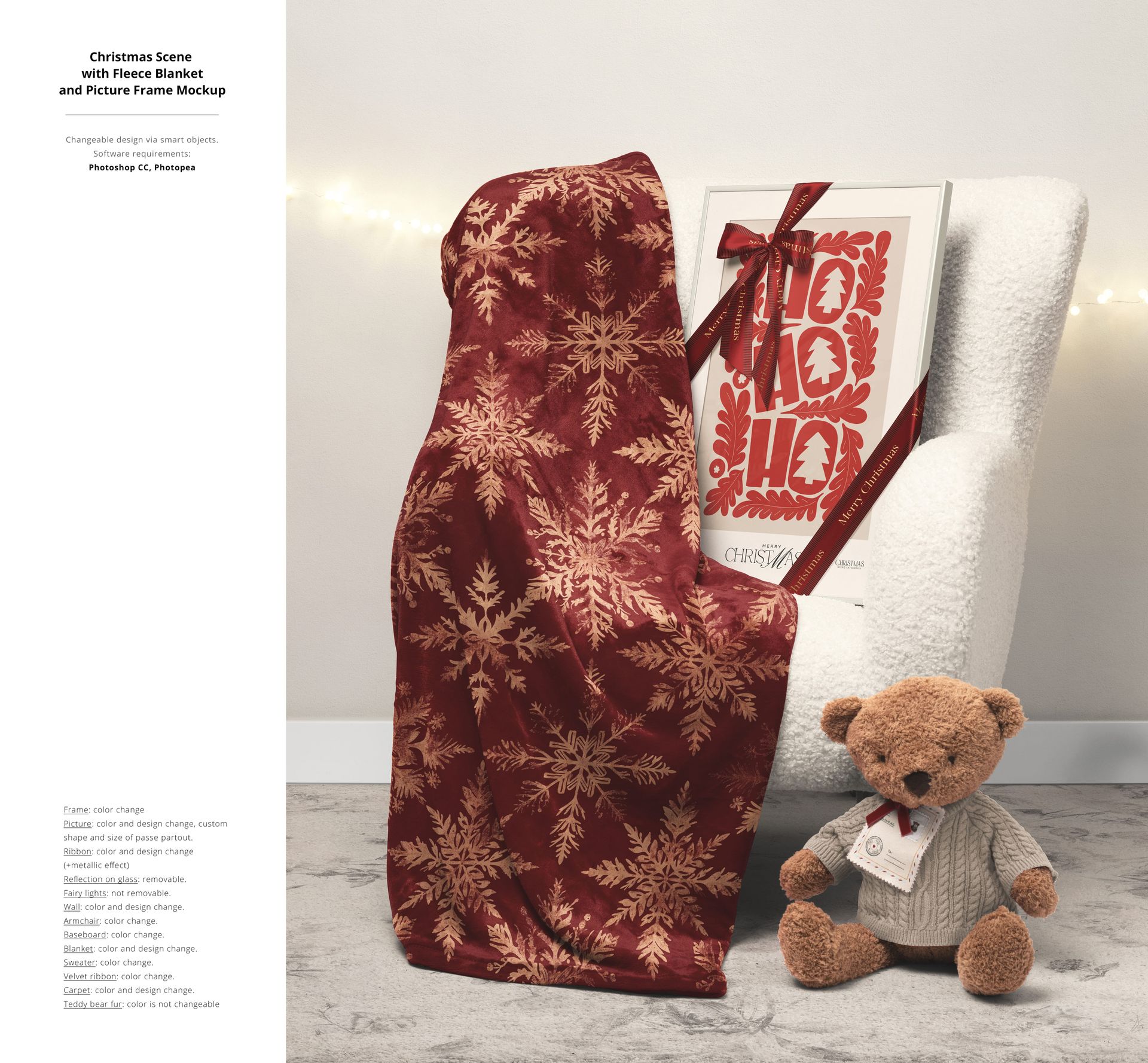 Front view of a Christmas mockup scene with a red and gold snowflake blanket draped over a white chair, framed artwork, and a teddy bear.