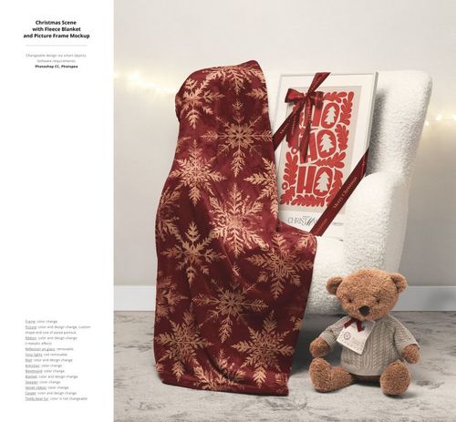Front view of a Christmas mockup scene with a red and gold snowflake blanket draped over a white chair, framed artwork, and a teddy bear.