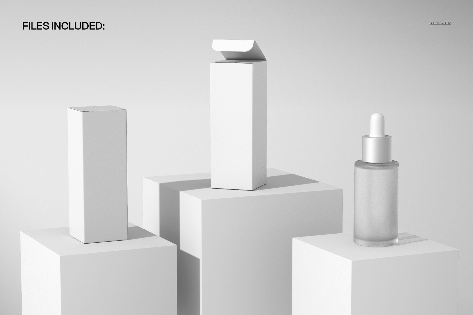 Minimalist serum packaging trio on display blocks, featuring a frosted dropper bottle and two tall boxes, PSD mockup scene.