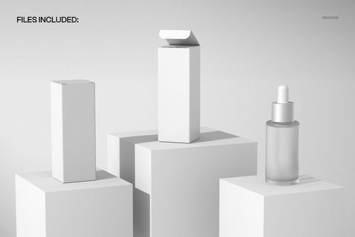 Minimalist serum packaging trio on display blocks, featuring a frosted dropper bottle and two tall boxes, PSD mockup scene.