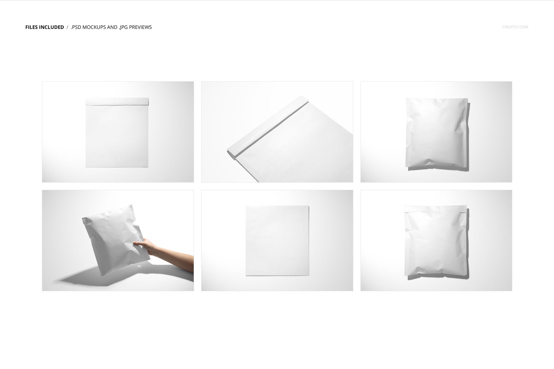 Six mockup views of cloth lined envelope packaging, including flat, angled, and hand-held positions against a white background.