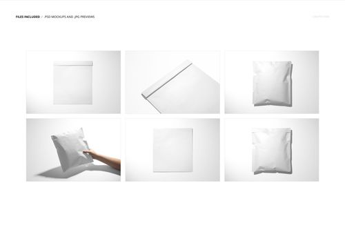 Six mockup views of cloth lined envelope packaging, including flat, angled, and hand-held positions against a white background.