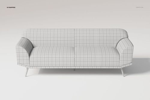 Front view of a curved arm sofa 3D model with a white grid pattern on the surface, set against a plain background.
