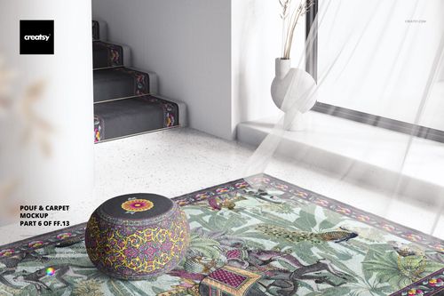 Pouf and carpet mockup showing a circular pouf and patterned carpet in a sunlit interior with white walls.