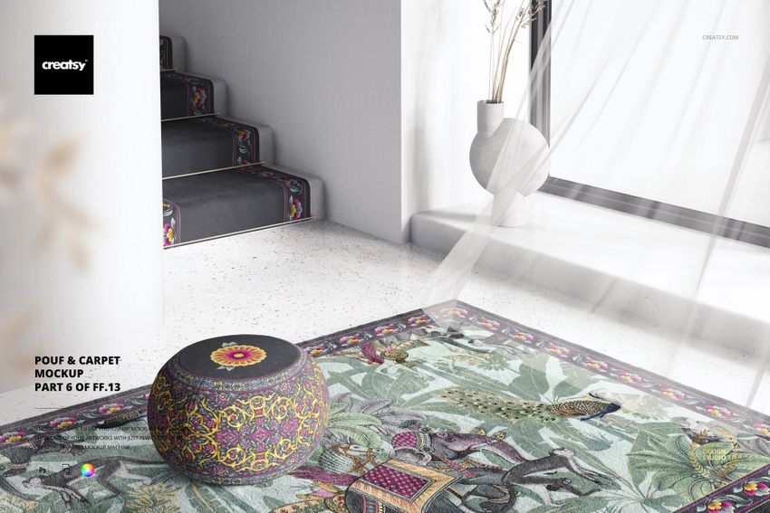 Pouf and carpet mockup showing a circular pouf and patterned carpet in a sunlit interior with white walls.