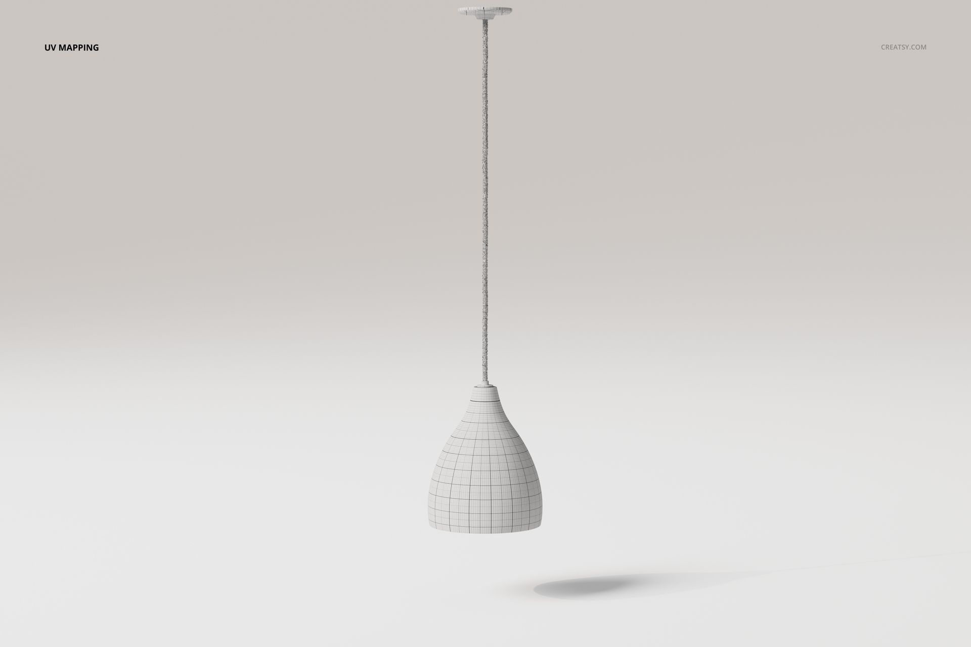 Front view of a bell-shaped pendant lamp 3D model in white with wireframe grid lines, suspended from the ceiling.