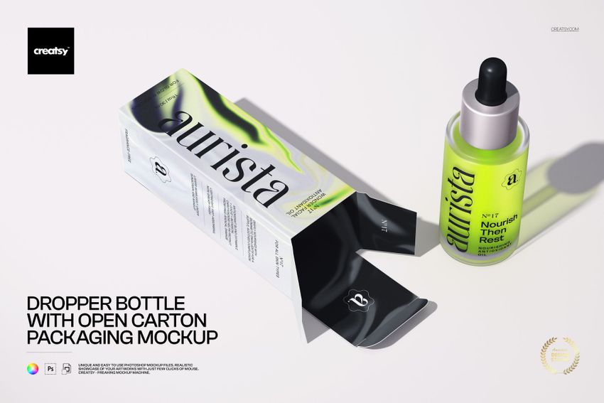 Cosmetic dropper bottle with matching open carton box, shown in a PSD mockup with vibrant green and black design.