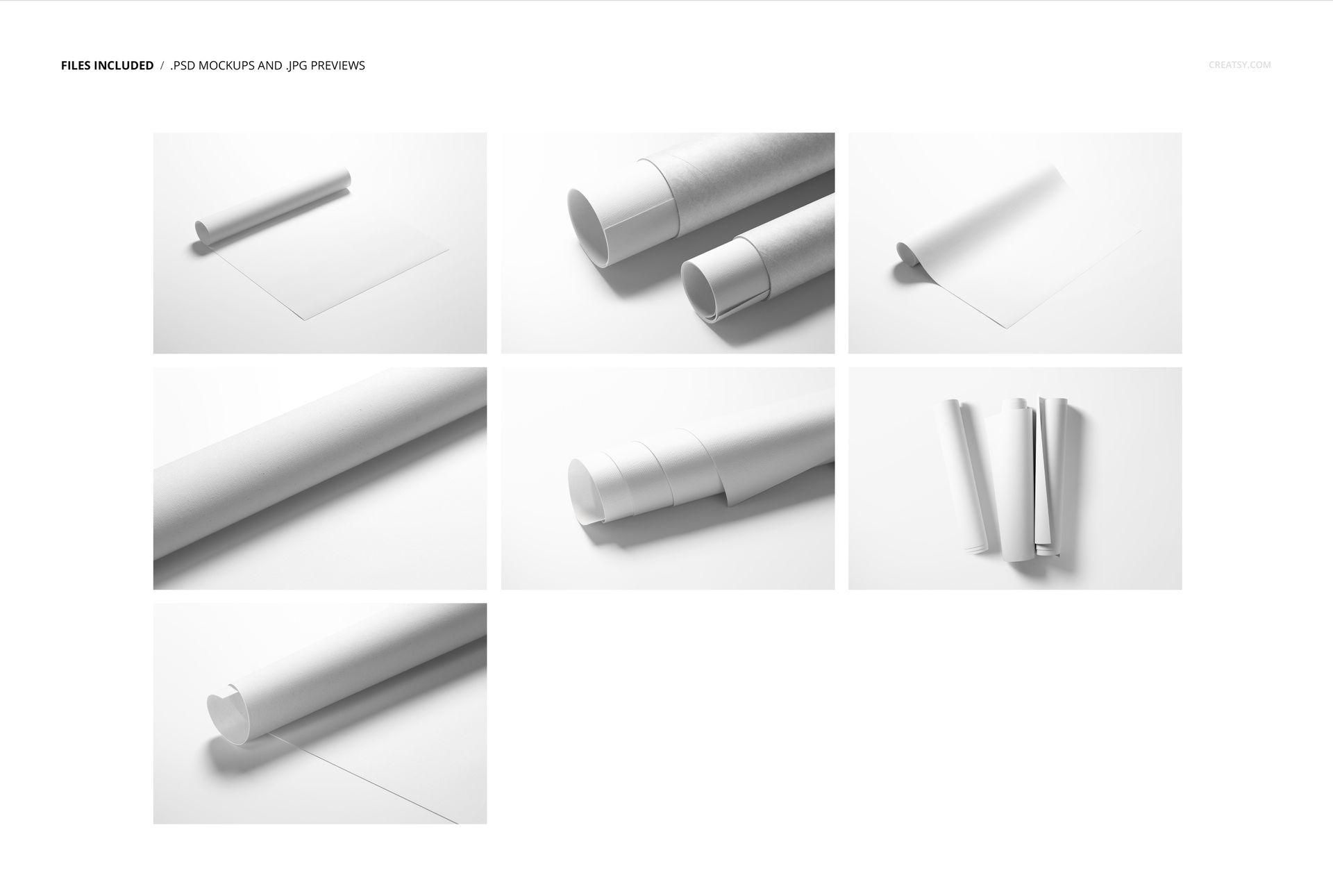 Rolled canvas print mockup set showing white canvas sheets and tubes in various arrangements on a light background.
