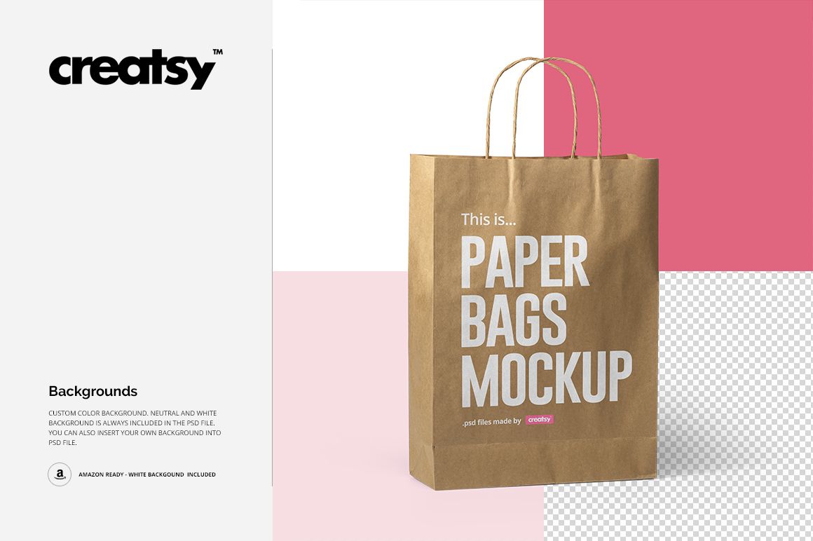 Brown paper bag mockup with visible handles, positioned on a split background of pink, white, and transparent sections.