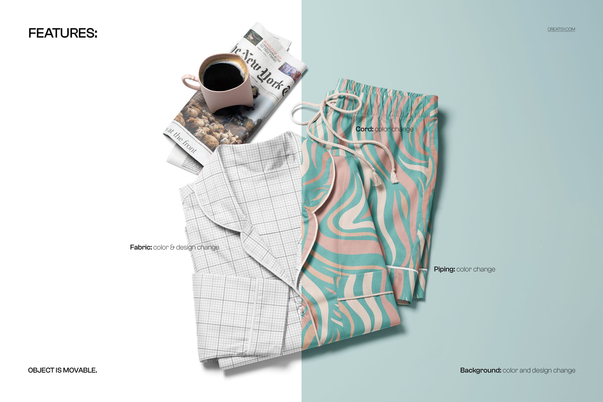 Long-sleeve pajama set with shorts mockup displayed on a split background, featuring a geometric and wavy pattern.