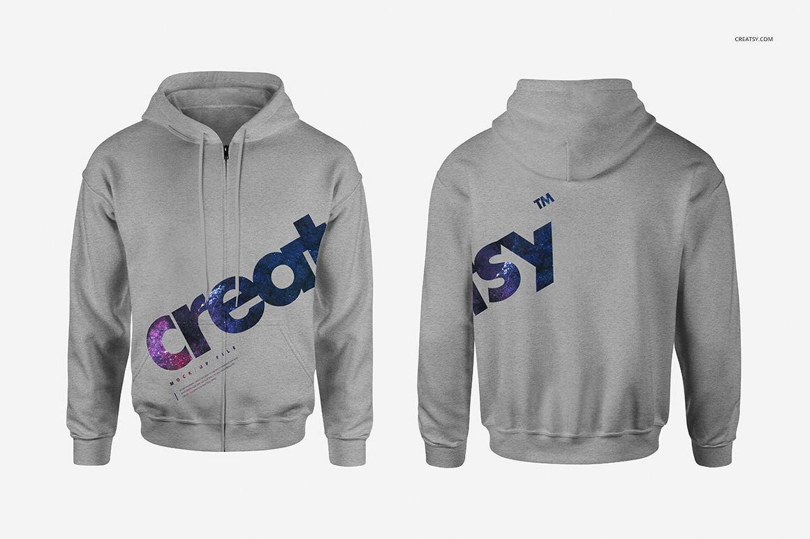 Men's zip up hoodie mockup shown from the front and back, featuring a light gray fabric and vibrant graphic text.