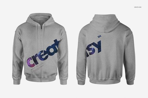 Men's zip up hoodie mockup shown from the front and back, featuring a light gray fabric and vibrant graphic text.