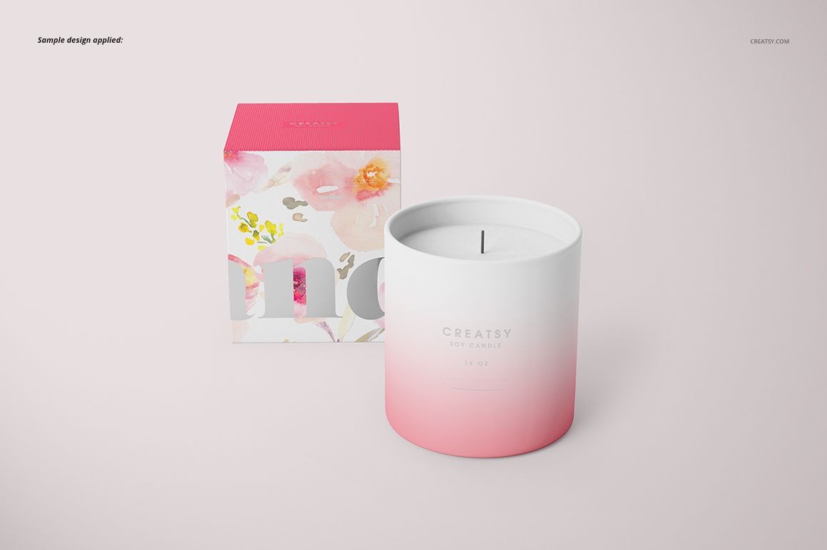 Classic candle mockup featuring a matte glass candle with pink tones and a decorative box, front view setup.