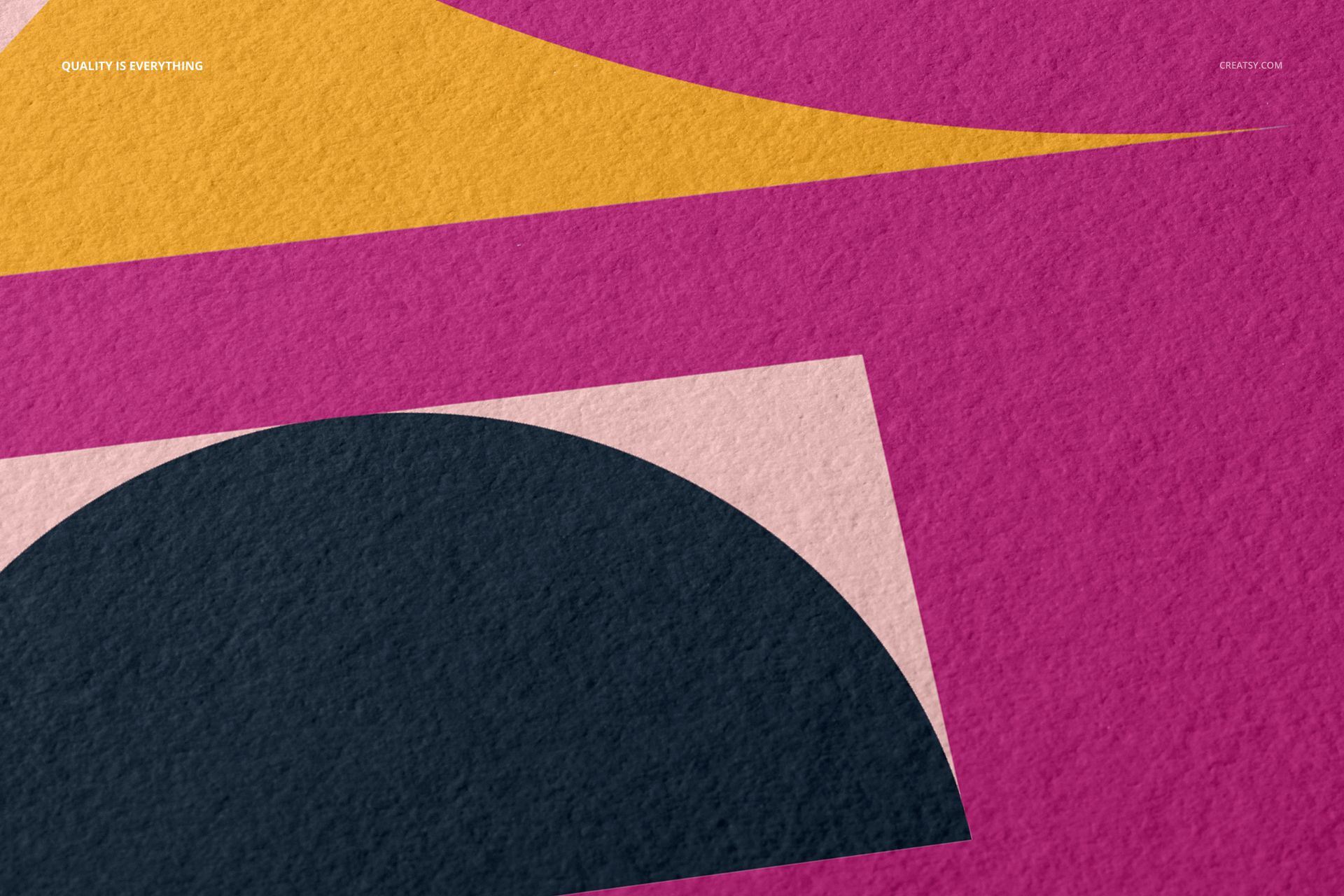 Close-up view of fine art print mockup featuring textured paper with abstract geometric shapes in pink, black, yellow, and beige.