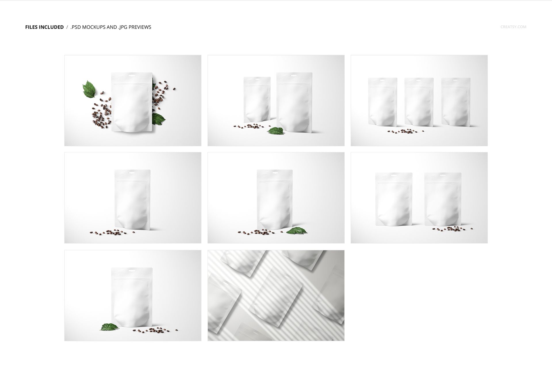 Nine mockup scenes featuring doypack bag pouches in different groupings and angles, with minimal props and shadows.