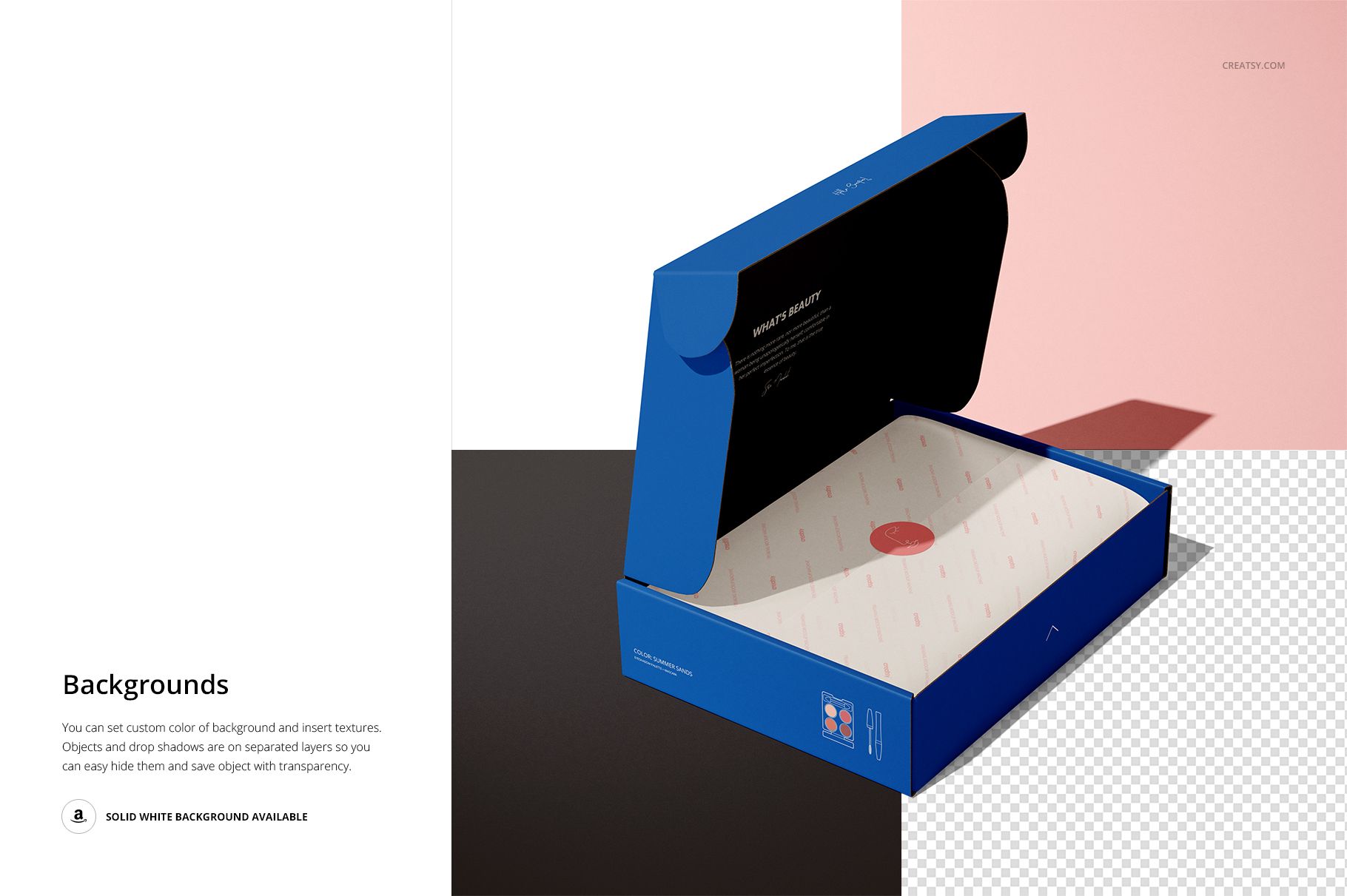 Open mailing box mockup with blue exterior and black lid, displayed on a color-blocked background with insert visible.