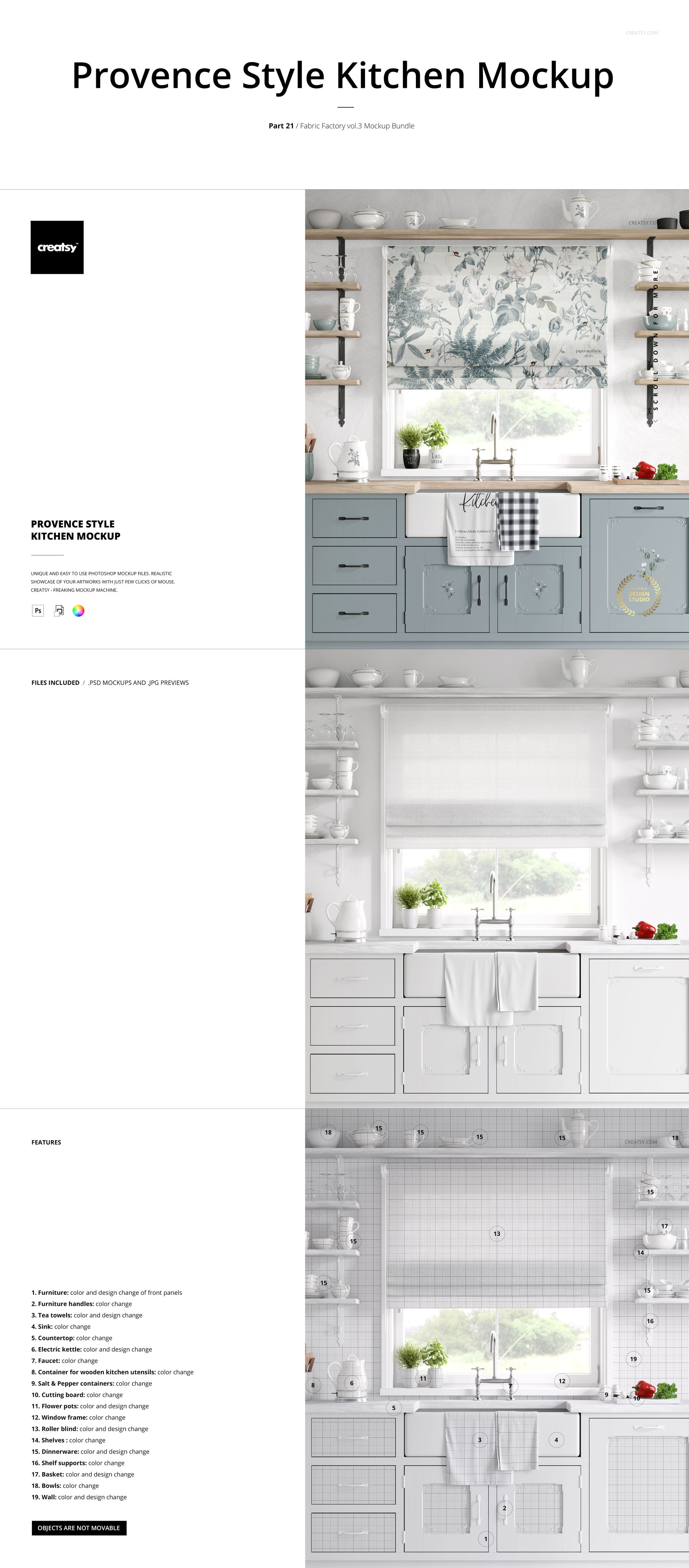 Front view of a kitchen interior featuring a window with patterned fabric mockup, blue cabinets, and decorative props.