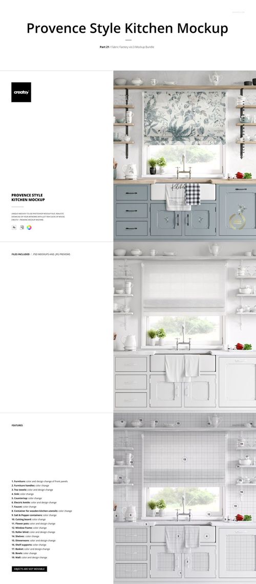 Front view of a kitchen interior featuring a window with patterned fabric mockup, blue cabinets, and decorative props.