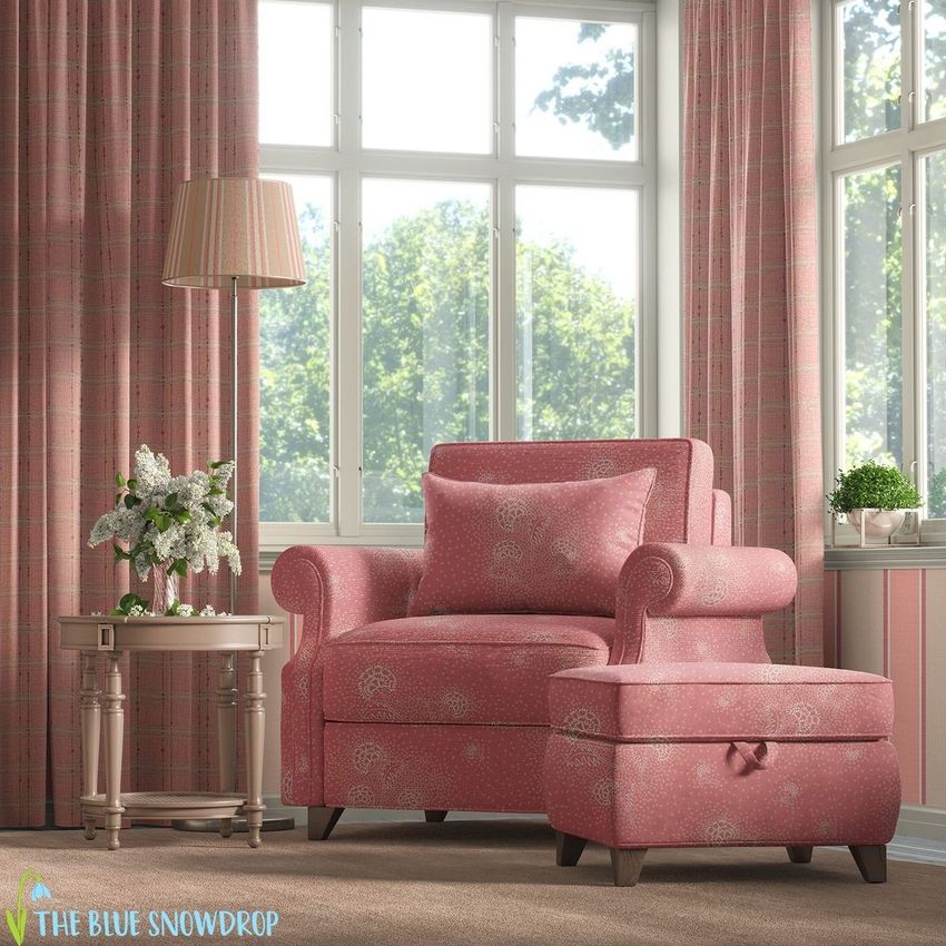 Victorian style armchair and ottoman mockup in a sunlit room with pink patterned upholstery, floral side table, and plaid curtains.