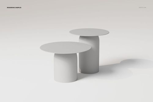 Two minimalist disc coffee tables in light gray, featuring round tops and cylindrical bases, shown on a plain surface.