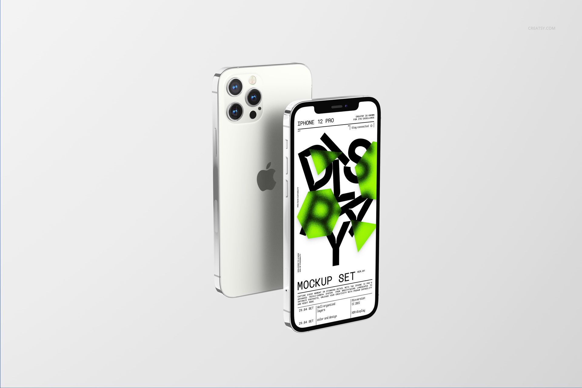 Front and back view of a silver iPhone 12 Pro displayed on a light gray background, with screen showing mockup design.