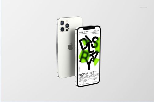 Front and back view of a silver iPhone 12 Pro displayed on a light gray background, with screen showing mockup design.