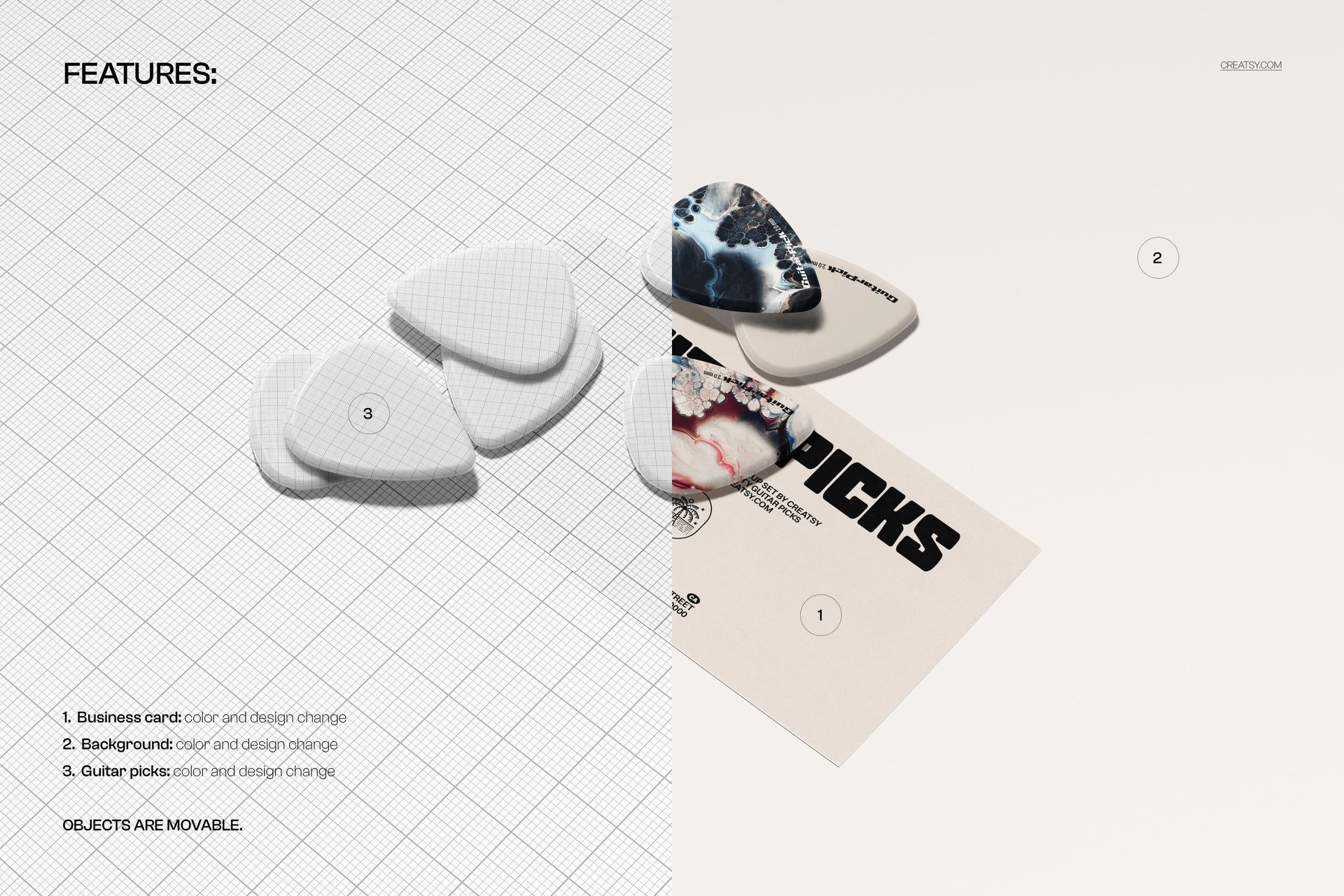Front view of guitar picks and a business card on a split background, featuring a PSD mockup layout.