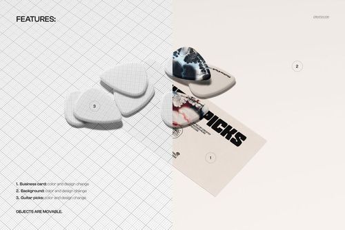 Front view of guitar picks and a business card on a split background, featuring a PSD mockup layout.