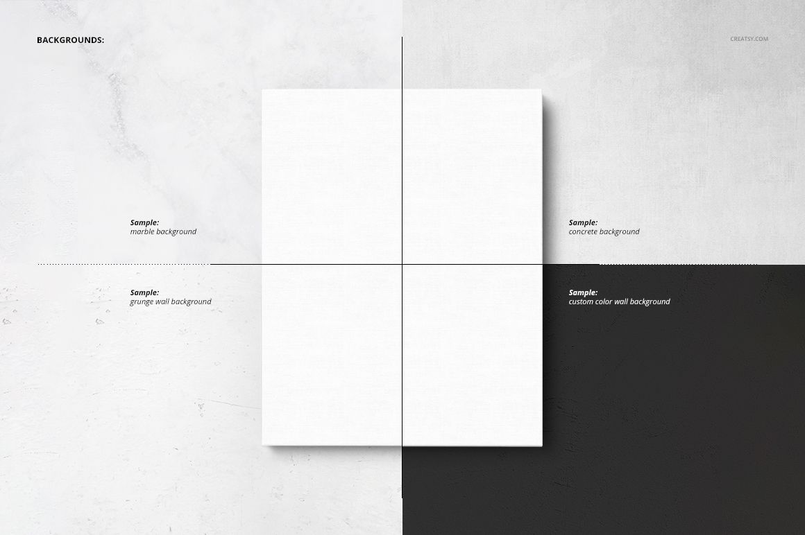 Square canvas print mockup shown from front view, divided into four sections with different backgrounds.