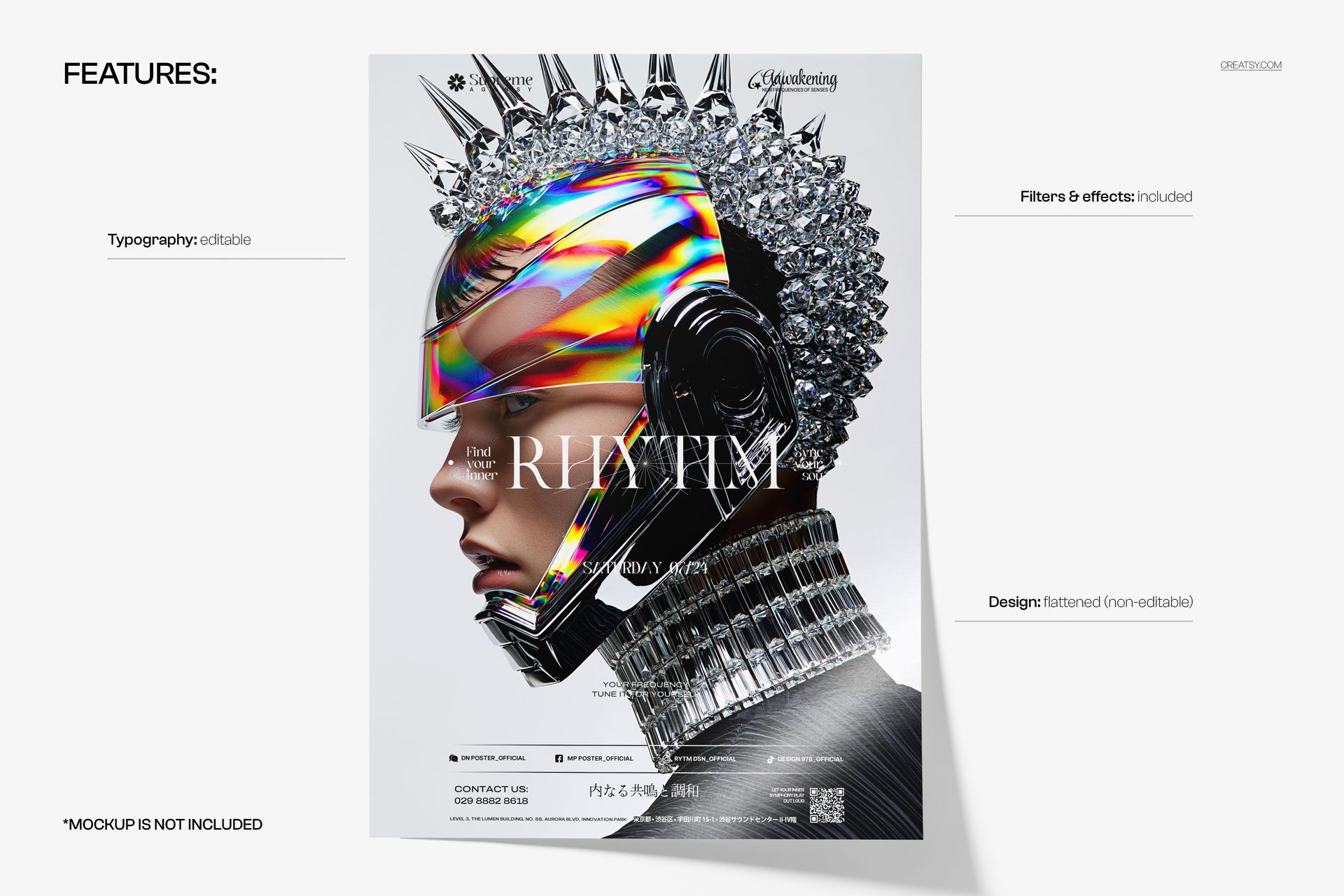 Poster mockup showing a side profile of a robotic person adorned with reflective crystals and holographic effects.