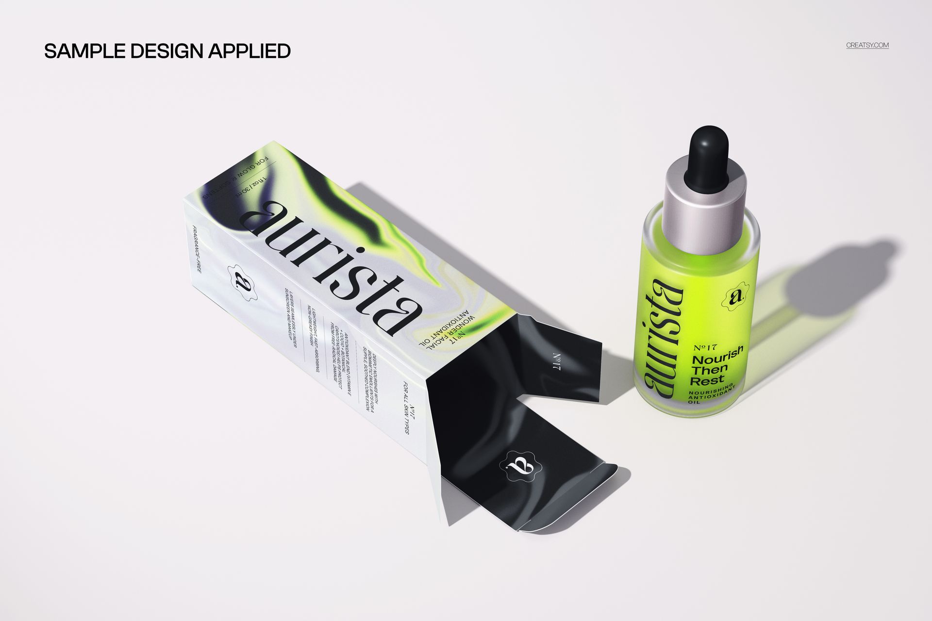 PSD mockup of a dropper bottle and open carton, both with bold green and black design elements on a white background.