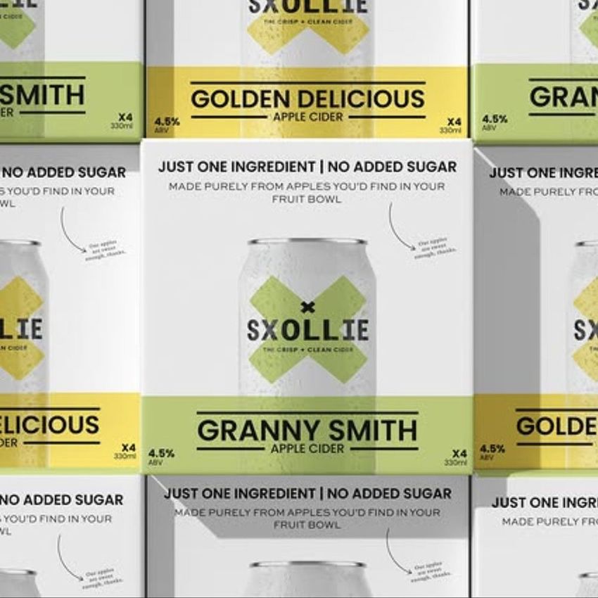 Square box mockup featuring apple cider packaging with bold yellow and green accents, product names, and visible can graphics.