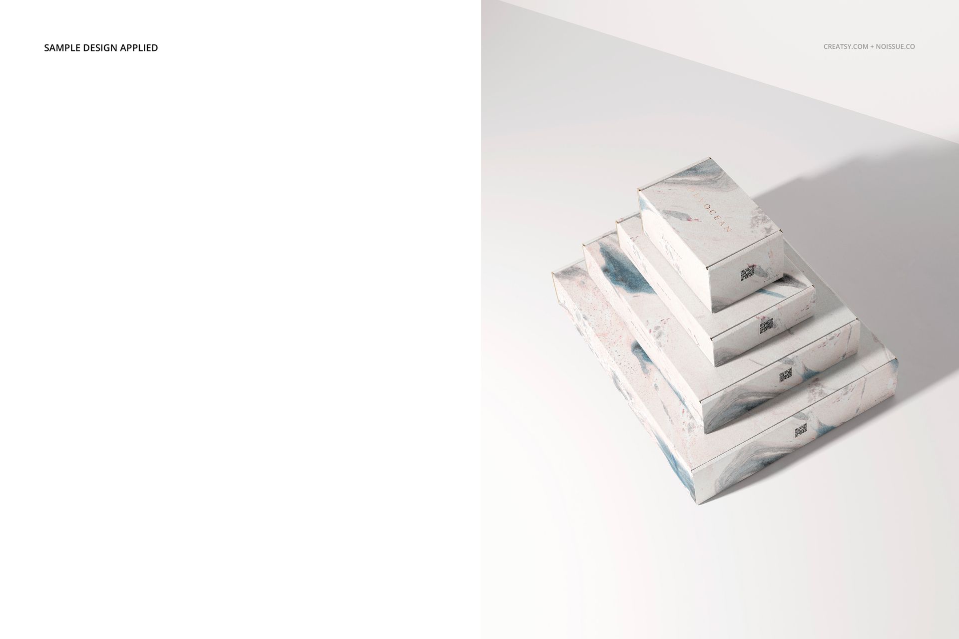 PSD mockup featuring layered mailing boxes with soft blue and gray accents, viewed from above on a clean surface.