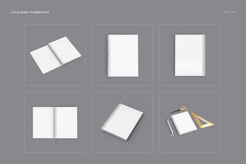 Notebook PSD mockup set featuring multiple white notebooks in different views, with scissors and rulers beside one.