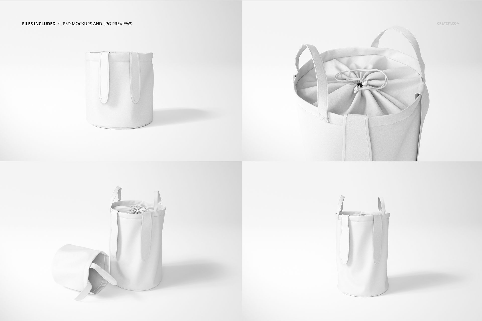 Set of kids storage baskets mockup in white fabric, shown from multiple angles including front and top views.