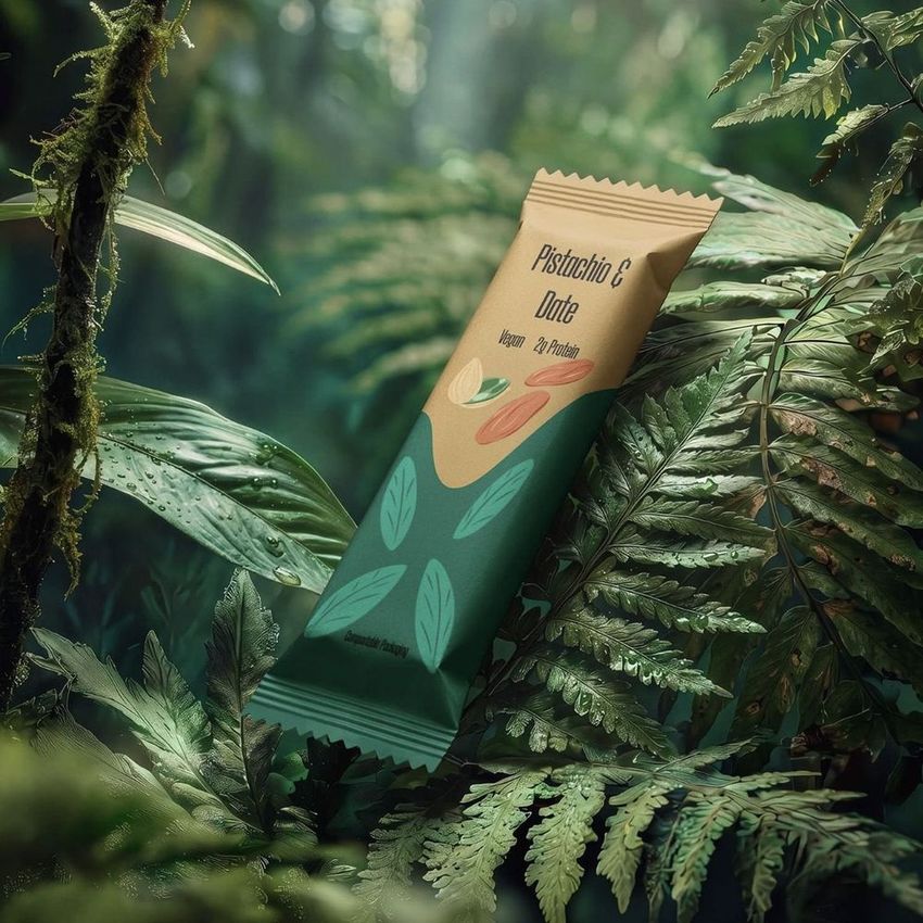 Candy bar mockup featuring a green and beige wrapper with leaf illustrations, placed among lush tropical jungle foliage.