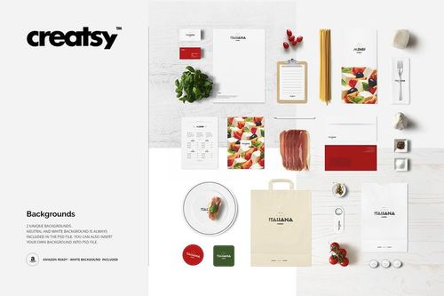 Italian restaurant stationery mockup featuring menus, business cards, plate, bag, and food props on a white background.