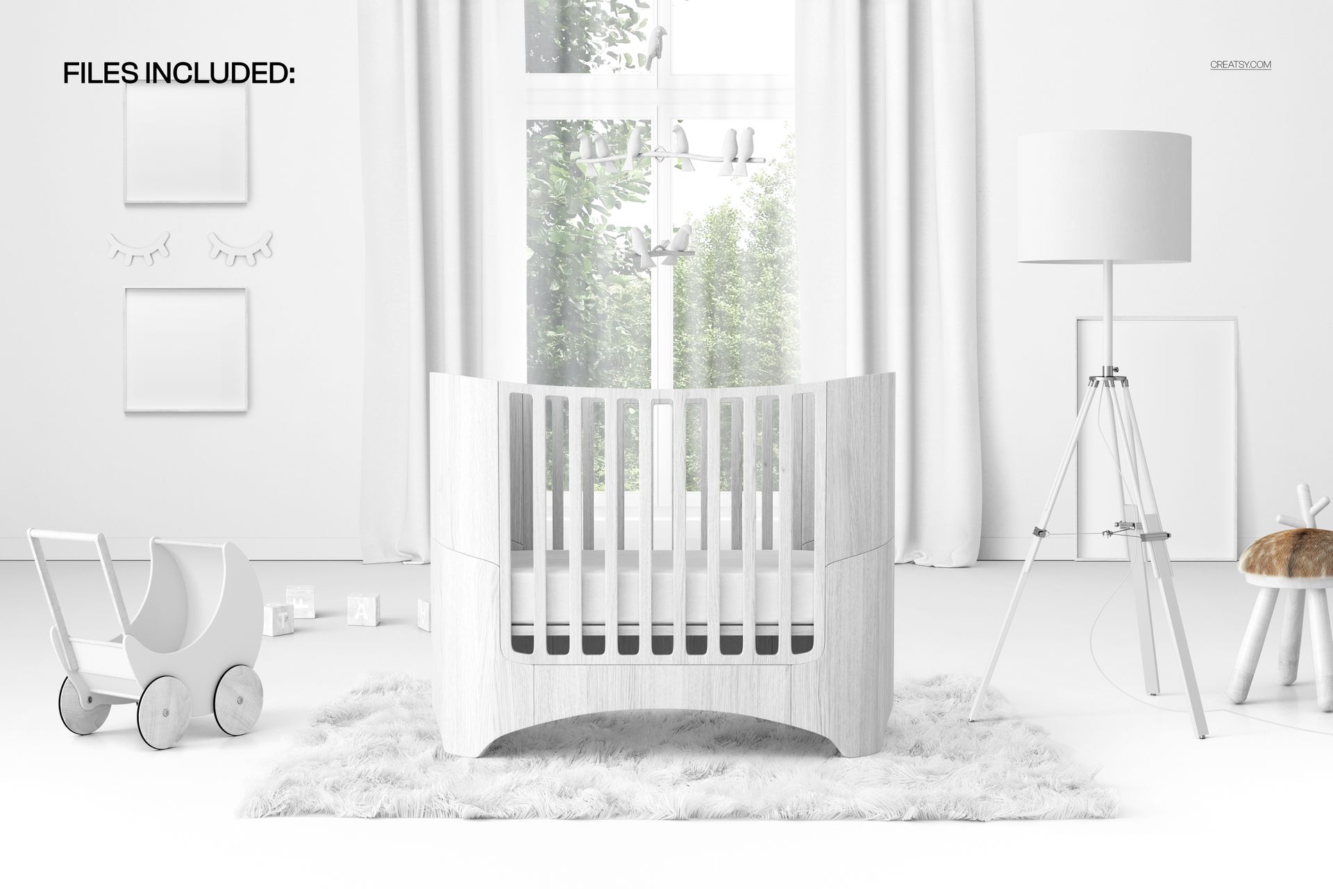 PSD mockup of an oval wooden baby crib in a bright nursery, featuring minimalist white furnishings and soft rug.