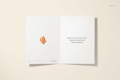 Open 5x7 greeting card mockup on a light beige surface, showing a simple orange graphic and birthday message inside.