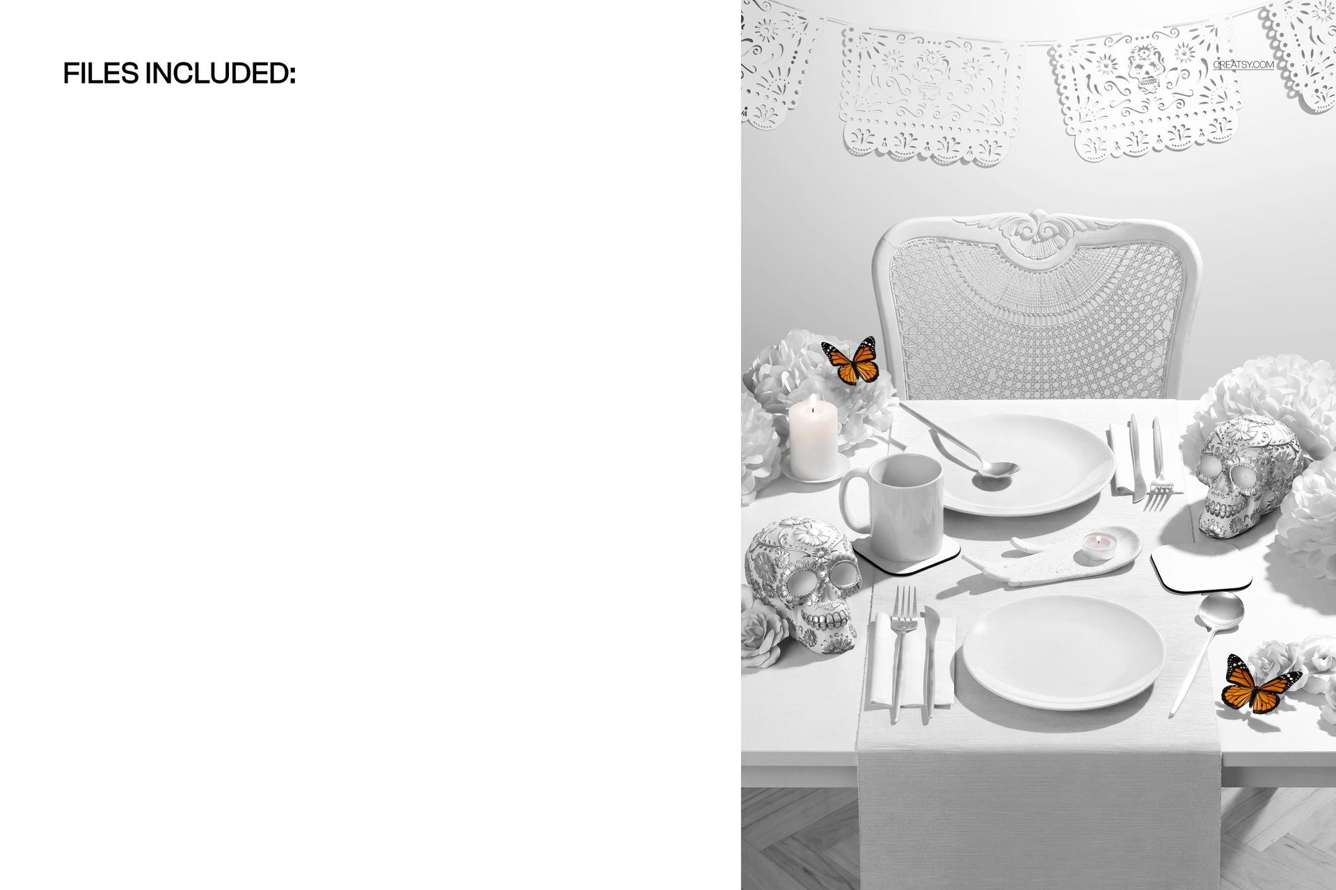 Day of the Dead table setting mockup with white plates, skull decorations, candles, and butterfly accents, front view.