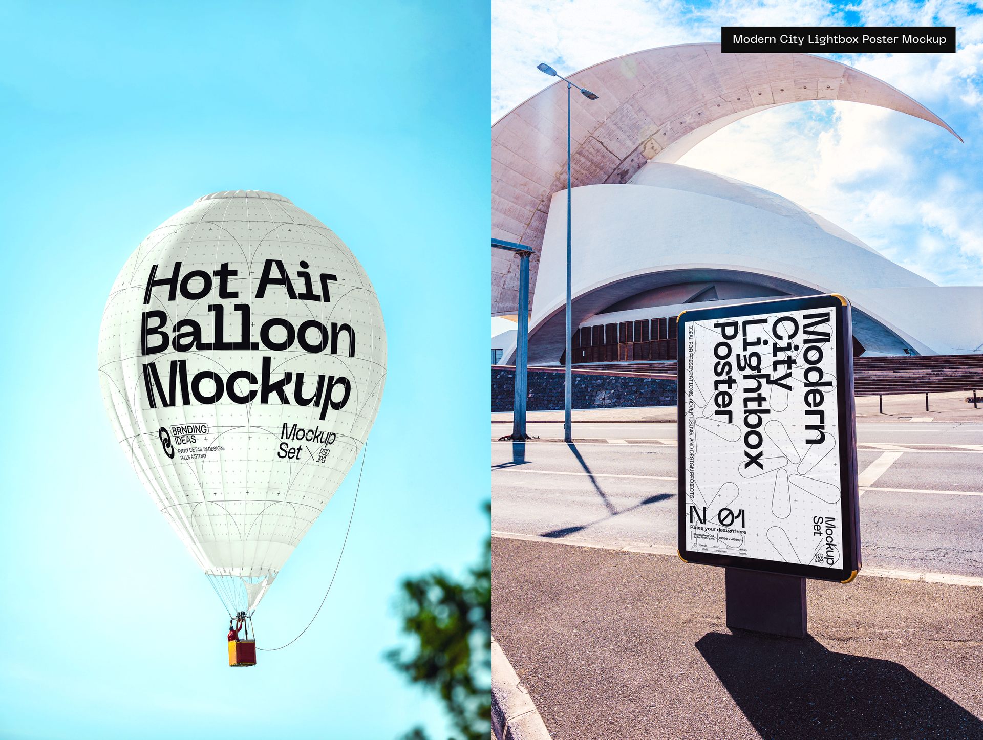 Split scene showing a white hot air balloon mockup floating in blue sky and a city lightbox poster mockup on a sunny street.
