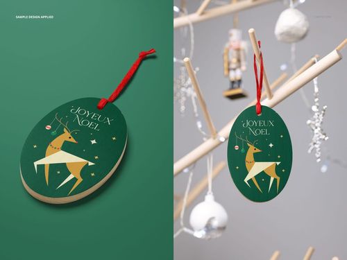 Oval wooden ornament mockup featuring a green background with a stylized reindeer and red ribbon, shown hanging on a tree.