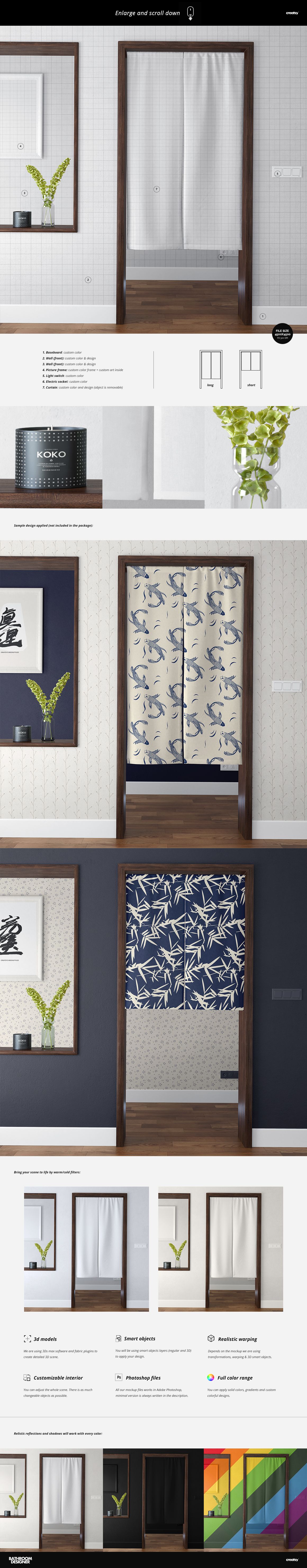 Front view of a door curtain mockup set with various designs, including plain white and blue botanical patterns.